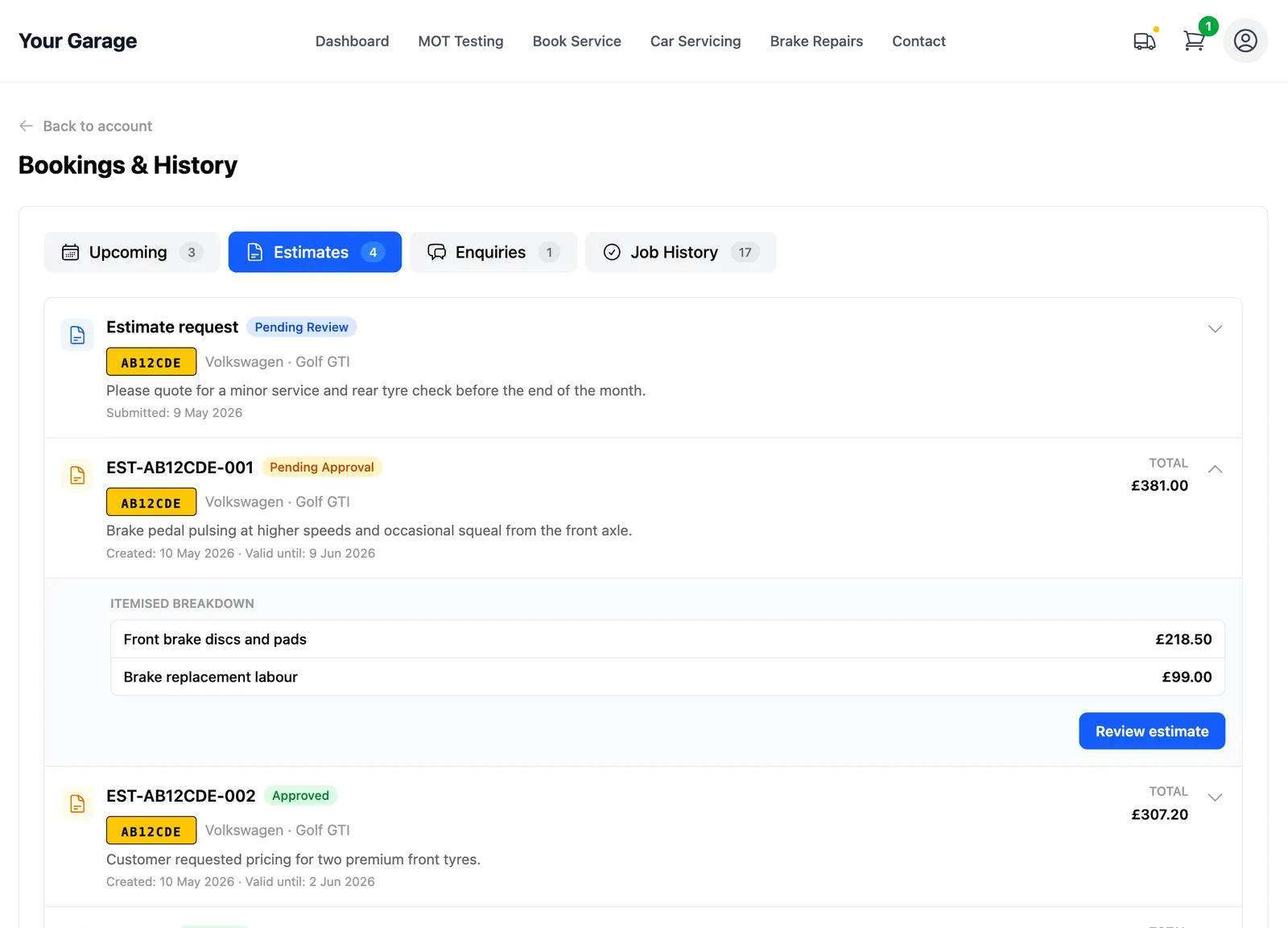 LaunchBay customer portal estimate page showing itemised work groups with totals and per-group approval controls