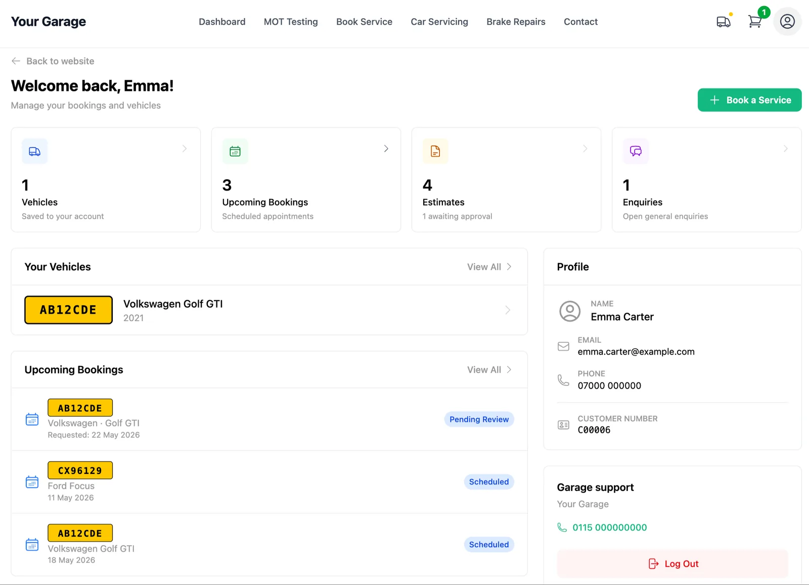 LaunchBay customer portal dashboard showing the customer's vehicles, upcoming bookings, and recent estimates under workshop branding